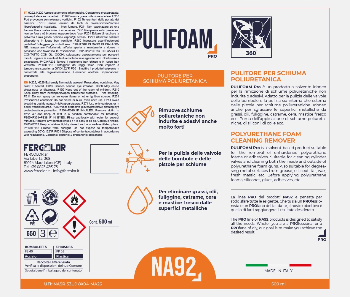 Pulitore per schiuma poliuretanica na92 pulifoam ml.500 - a base di acetone.
